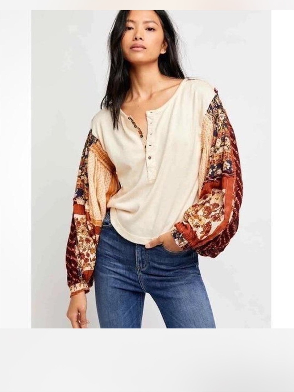Free People Cream Henley Top with Patchwork Burnt Orange Balloon Sleeves